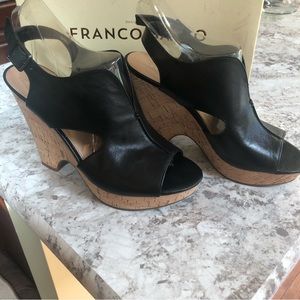 Franco Sarto Gallard Wedge Cork Sandals black leather 8.5 unworn.